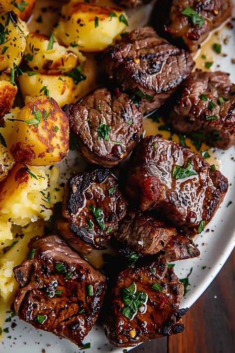 Garlic Butter Steak Bites and Cheesy Smashed Potatoes - That Oven Feelin Steak Bites With Noodles, Steak Dinner Ideas Ovens, Steak And Red Potatoes, Garlic Steak Bites Oven, Asian Steak Bites And Potatoes, Sheet Pan Steak Dinners, Dinner Recipes Steak Meals, Meals With Beef Chunks, Garlic Steak Bites Recipe