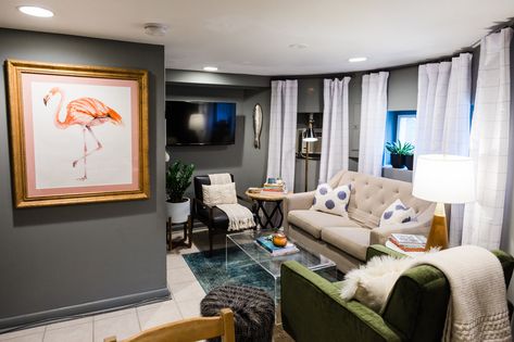 A 500-Square-Foot, Unbelievably Beautiful Basement Apartment in DC — House Call Small Basement Design, Small Basement Apartments, Dc House, Navy Living Rooms, Light Colored Furniture, Basement Layout, Basement Bedroom, Small Basement, Basement Apartment