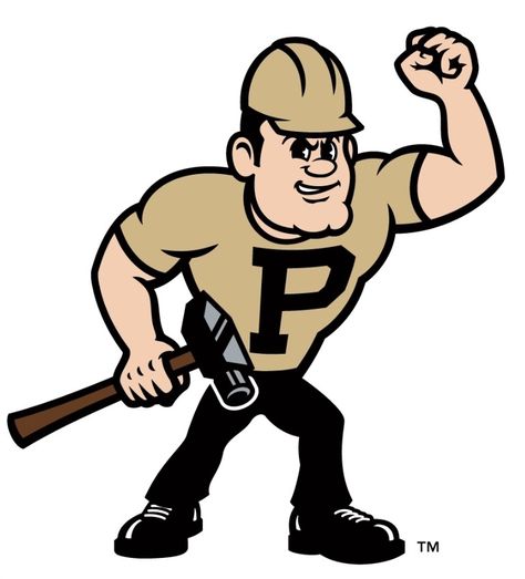 The updated version of Purdue Pete colored in old gold & black complete with the Boiler Up pose; a sledgehammer & the block style font of the letter P. Senior Jeans, The Letter P, Helmet Logo, Purdue Boilermakers, Purdue University, Word Mark Logo, Virtual Museum, Sports Logos, Mascot Logo