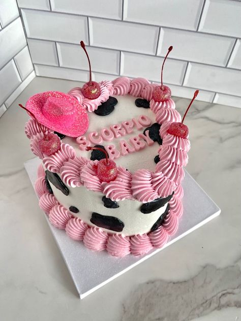 Cowgirl Heart Cake, Pink Cowgirl Cake Ideas, Glitter Cowgirl Party, Cow Heart Cake, Cow Print Heart Cake, Last Rodeo Cake, Birthday Themes Cowgirl, Rodeo Cake Girl, Cowgirl Disco Cake