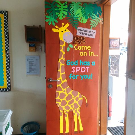 Welcome Door For Preschool, Door Decor For Kindergarten, Door Kindergarten Ideas, Giraffe Bulletin Board, Welcome To The Jungle Door Decoration, Giraffe Door Decoration, Some Call It Chaos We Call It Preschool, Giraffe Decorations For Classroom, Giraffe Classroom Door