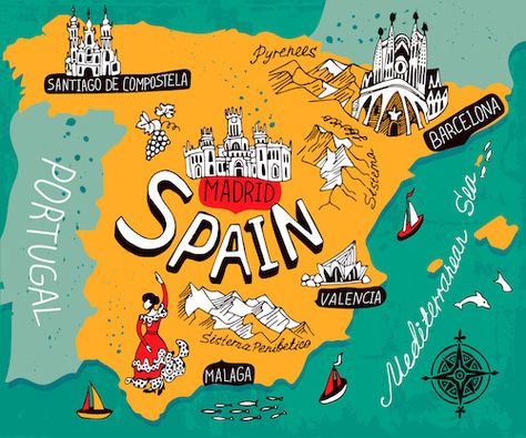 Spain Map by Daria I./Shutterstock.com Fun Facts About Spain, Facts About Spain, Cadaques Spain, All About Spain, Spain Map, Map Of Spain, Spain Flag, Spain Culture, Toledo Spain