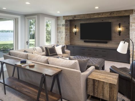 alpine-trail-natural-stone-veneer-project-hedberg-home U Couch, Rv Curtains, Bloxburg Basement, Acnh Basement, Dream Basement, Basement Inspiration, Basement Living Rooms, Muebles Living, Basement House