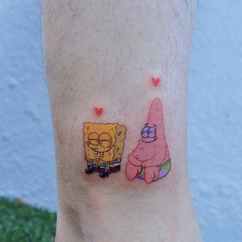 Spongebob And Patrick Tattoos, Spongebob Collection, Spongebob Tattoo, Fandom Tattoos, Friend Tattoos Small, Matching Friend Tattoos, Spongebob And Patrick, Matching Best Friend Tattoos, Bestie Tattoo