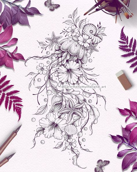 Carmen Mulholland | Jellyfish 🌸 I make Custom Tattoo Designs 👉🏻 DM me Please note this artwork is sold. Please don’t copy or tattoo my art 💖 #jellyfish… | Instagram Sea Creatures With Flowers Tattoo, Thigh Jellyfish Tattoos Women, Seahorse And Jellyfish Tattoo, Jellyfish And Mermaid Tattoo, Ocean Waves Tattoos For Women, Underwater Plant Tattoo, Tropical Mandala Tattoo, Women Leg Sleeve Tattoo Ideas Mandala, Ocean Henna Tattoo