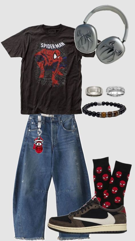 #spiderman #outfit #streetwear #foryou #foryou #menoutfit #boyoutfit Spiderman Outfit, Outfit Streetwear, Men's Outfits, Outfit Inspo Casual, Baggy Clothes, Guys Clothing Styles, Mein Style, Fashion And Design, Swaggy Outfits