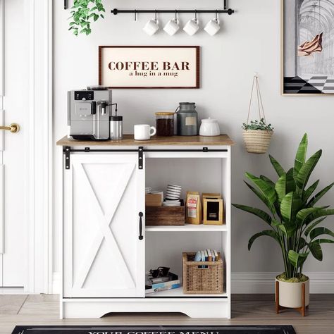 Rosalind Wheeler Koga 31.5'' Bar Cabinet & Reviews | Wayfair Coffee Bar Storage Cabinets, Accent Cabinet In Kitchen, Coastal Coffee Bar, Diy Coffee Bar Station, Coffee Bar Station Small Spaces, Mini Coffee Bar Small Spaces, White Coffee Bar, Coffee Station Decor, Coffee Bar Cabinet