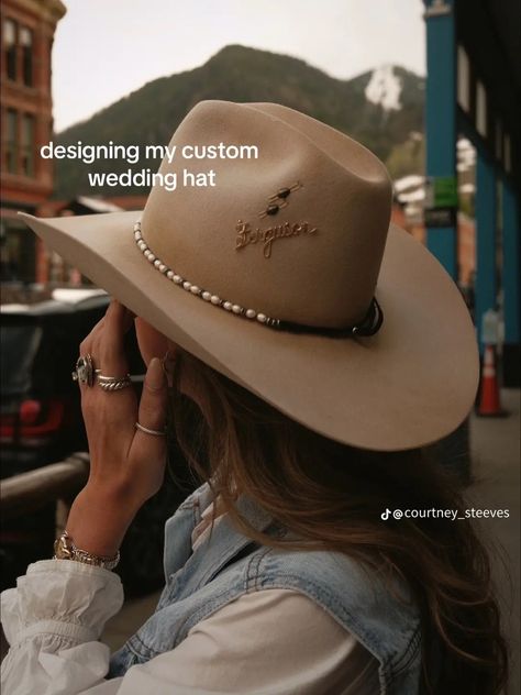 Custom Cowgirl Hat Ideas, Western Chic Bachelorette Party, Ranch Bachelorette, Cowboy Hat Wedding, Look All Jeans, Cowgirl Bride, Bachelorette Inspo, Vineyard Wedding Venue, Tin Haul