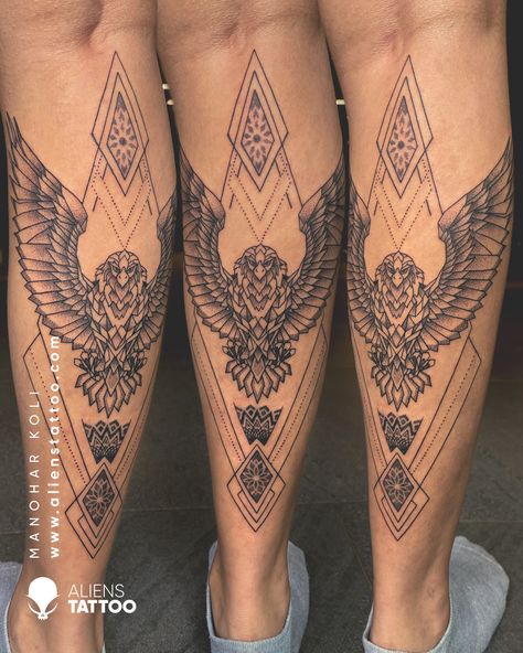 Eagle Men Tattoo, Tatoos Men Calf Ideas, Man Leg Tattoo Ideas, Tattoo On Calf Men, Tattoo For Man Leg, Bird Shin Tattoo, Tattoo Designs Men Calf, Eagle Leg Tattoo Men, Calf Sleeve Tattoo Men Calves