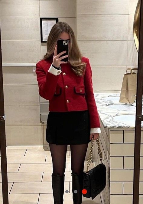 Red Outfit Winter Classy, Winter Outfits Corporate, Valentines Office Outfit, Red Winter Outfits Classy, Preppy Feminine Outfits, Frilly Shirt Outfit, Classy Red Aesthetic, Old Money Valentines Day Outfit, Red Tweed Blazer Outfit