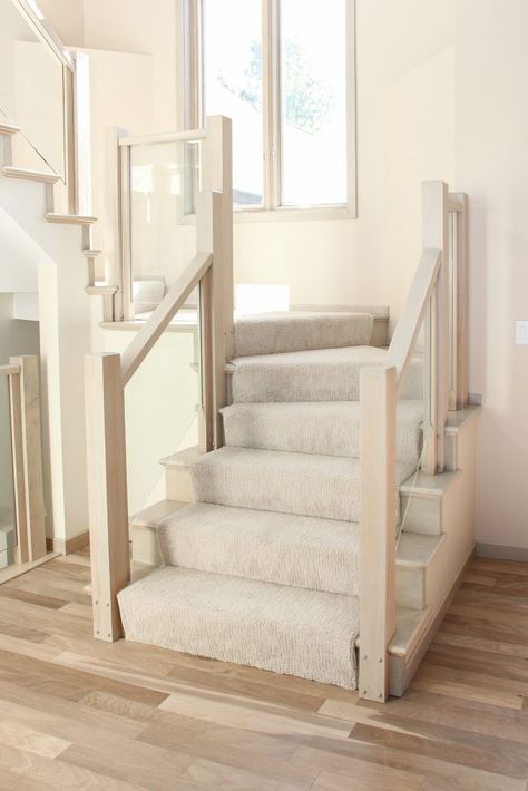 Beige Carpet Staircase: Tan and Cream Hardwood Flooring Ivory Carpet Living Room, Beige Carpet Stairs And Landing, Greige Carpet Stairs, Cream Colored Carpet, Cream Carpet Stairs, Cream Stair Runner, Carpet And Hardwood Together, Cream Staircase, Beige Staircase