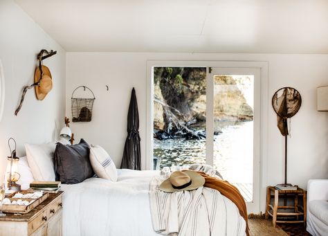 The Boathouse on Satellite Island | Australian Travel | est living Ali Heath, Satellite Island, Interior Cabin, Kara Rosenlund, Bedroom Linen, Armchair Travel, Australian Travel, Cabin Style, Waterfront Homes