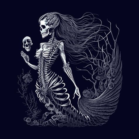 Mermaid Skeleton Decor, Goth Mermaid Aesthetic, Evil Mermaid Tattoo, Skeleton Mermaid Tattoo, Pirate Embroidery, Skull Mermaid, Deep Sea Mermaid, Mermaid Zombie, Mermaid Skull