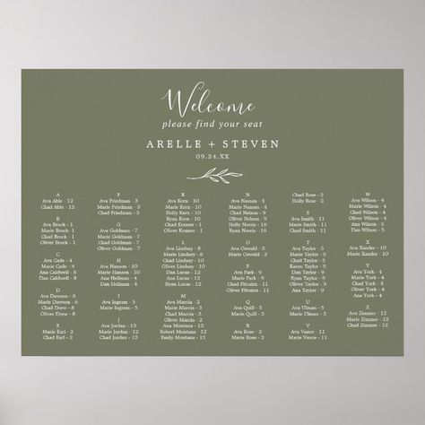 Minimal Leaf Dark Green Alphabetical Seating Chart Seating Chart Poster, Alphabetical Seating Chart, Minimalist Mountain, Wedding Poster, Leaf Silhouette, Wedding Posters, Seating Chart, Table Number, Seating Charts