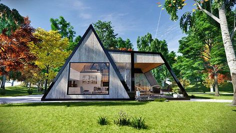 A Frame Pool House, Double A Frame House, Vacation House Design, Glamping House, Modern Mobile Homes, Container Hotel, Modern A Frame, Tiny House Vacation, Triangle House