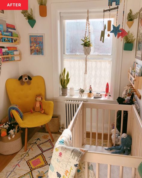 Studio Apartment Nursery, Colorful Nursery Aesthetic, Colorful Unisex Nursery, Baby Rooms Colorful, Boho Eclectic Nursery, Batten Board Nursery, Layered Rugs Nursery, Cute Nursery Ideas Colorful, Simple Colorful Nursery