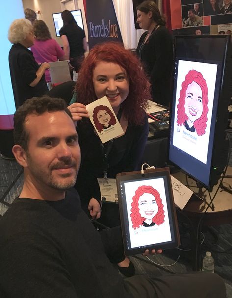 Digital Caricatures at Boston Conference! Drawn on my iPad Pro. A fantastic way to attract a crowd to your booth! Caricature | Caricature Artist| Party Ideas | Fun Party Favors | Fun Party Entertainment | Event Entertainment | iPad | Live Digital Caricatures | Trade Show Entertainment | Conference Entertainment Conference Engagement Ideas, Conference Booth Ideas, Artist Party Ideas, Conference Swag, Fun Party Favors, Artist Party, Conference Ideas, Event Director, Live Drawing