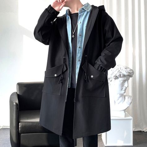 Fashion Men's Woolen Coats Solid Color Single Breasted Lapel Long Coat Jacket Casual Overcoat Casual Fashion Trench Coat, Army Green Coat, Hooded Coats, Asian Streetwear, Streetwear Jackets, Black Windbreaker, Long Coats, Mens Windbreaker, Fall Hoodies