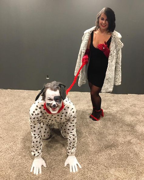 Cruella Deville Costume With Dog, 101 Dalmations Costume Couple, Dalmatian Costume Men, Cruella Dalmation Costume, Cruella Couple Costume, Cruella And Dalmation Costume, Fire Fighter And Dalmation Costume, Firefighter And Dalmatian Costume Couple, Couple Costume Diy