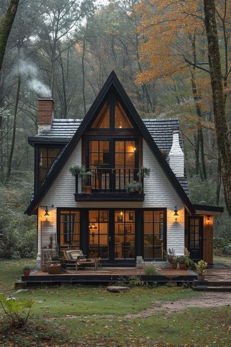 Black House With Copper Accents, Dark Green Cabin Exterior, Pnw House Exterior, Dark Cottage Exterior, Once Human House Design, Witchy Cottage Exterior, Dark Wood Cottage, Aesthetic Houses Exterior, Cabin With Windows