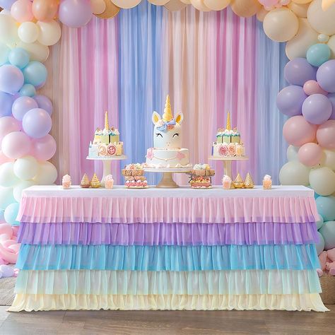 PRICES MAY VARY. Pastel Rainbow Party Decorations：Perfect color matching for girl parties,light pink, light blue, light purple, light green, light yellow. 6ft refers to the length of the table skirt, not the table. .L72in×H30in table skirt can only covers front of a 6ft rectangle table. Unicorn Table Skirt’s Material: The layered rainbow table skirt is made of high-end soft chiffon featuring good draping and wrinkle resistance.and it can be reused and recycled Girl Birthday Party Table Skirts fo Unicorn Birthday Party Pastel Colors, 5th Birthday Unicorn Party, Unicorn Birthday Party Decorations Decor, Rainbow Table Skirt, Rainbow Decorations Party, Unicorn And Rainbow Birthday Party, Rainbow Tablecloth, 6ft Table, Rainbow Birthday Decorations