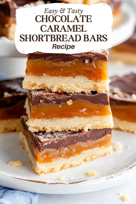 These Chocolate Caramel Shortbread Bars are an irresistible treat for shortbread enthusiasts! Featuring layers of buttery homemade shortbread, rich caramel, and luscious chocolate, this recipe for chocolate caramel bars is a must-have for any celebration. 2 cups butter (room temperature)1 ½ cups confectioners' sugar1 cup granulated sugar6 teaspoons pure vanilla extract4 cups all-purpose flour14 ounces Chocolate Caramel Bars Easy Recipes, Recipes Using Caramel Squares, Chocolate Finger Desserts, Chocolate Caramel Desserts, Chocolate Caramel Dessert, Caramel Shortbread Bars, Chocolate Caramel Bars, Caramel Bars Recipe, Crunch Chocolate Bar