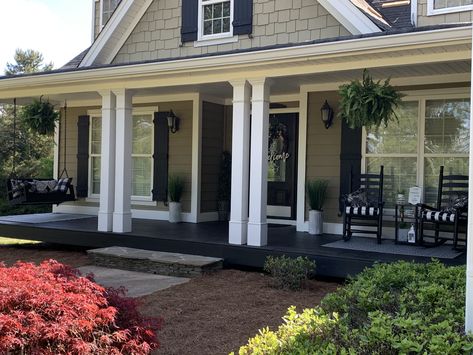 Black Porch Rocking Chairs, Black Stained Front Porch, Front Porch Black Rocking Chairs, Black Rocking Chairs Front Porch, Black Front Porch Floor, Black Wood Porch, Black Porch Floor, Black Porch Ideas, White House Black Porch