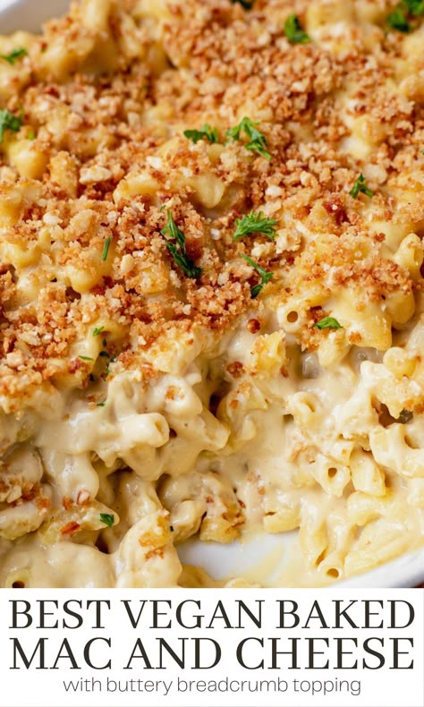 This baked vegan mac and cheese is made with al dente pasta, creamy vegan cheese sauce, and topped with buttery breadcrumbs. It's a rich and creamy comfort food rivals the traditional mac and cheese you grew up with! Nutritional Yeast Pasta, Vegetarian Mac And Cheese, Vegan Pasta Bake, Vegan Mac N Cheese Recipe, Pasta Garlic, Mac And Cheese Sauce, Vegan Mac N Cheese, Lean Protein Meals, Vegan Pasta Dish