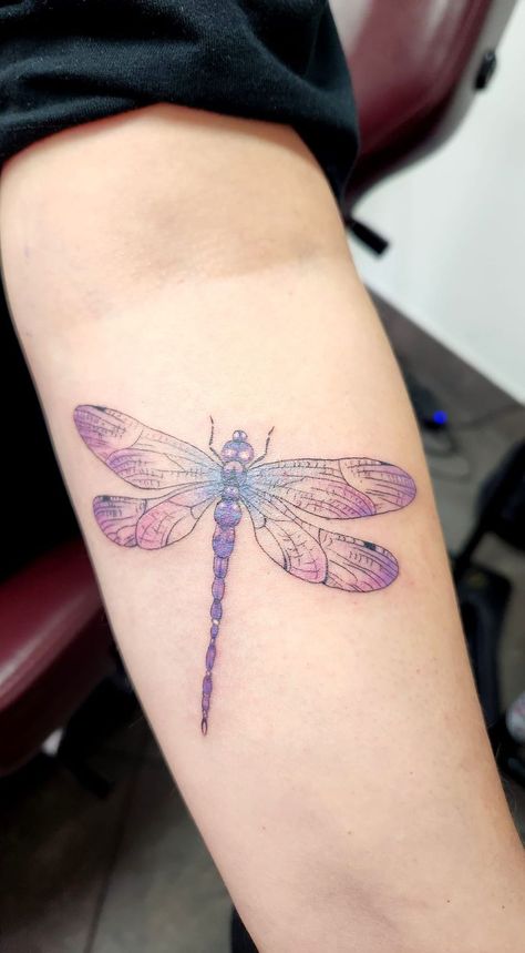 Dragonflies Of The World | This Is My Dragonfly Tattoo That I Had Created Pink Dragonfly Tattoo, Cartoon Dragonfly Tattoo, Dragonfly Tattoo With Color, Dragon Fly Tattoo Color, Dragonfly Fairy Tattoo, Dragonfly Shoulder Tattoo, Colored Dragonfly Tattoo, Purple Ink Tattoos, Purple Dragonfly Tattoo