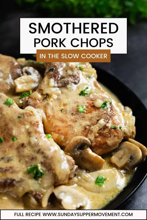 My Slow Cooker Smothered Pork Chops recipe takes this classic comfort food and makes it easier than ever! It's an instant family favorite! via @thesundaysupper Pork Chops And Veggies Crock Pot, Smothered Bone In Pork Chops Crock Pot, Crock Pot Stuffed Pork Chops, Boneless Pork Chops In Slow Cooker, Instapot Smothered Pork Chops, Crockpot Pork Meals, Swiss Pork Chops, Pork Chops With Mushroom Gravy Crockpot, Slow Cooker French Onion Pork Chops