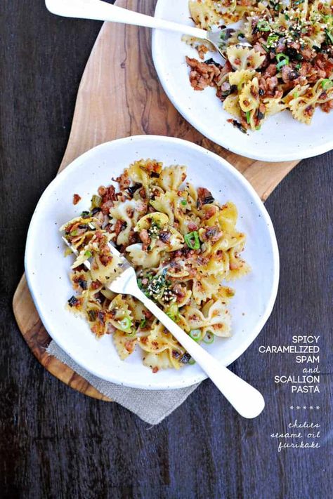 spicy caramelized spam + scallion pasta - the pig & quill Spam Recipes Dinners, Spam Recipes, Roasted Red Potatoes, Breakfast For Dinner, How To Cook Pasta, Lasagna, Pasta Recipes, Pesto, Main Dishes