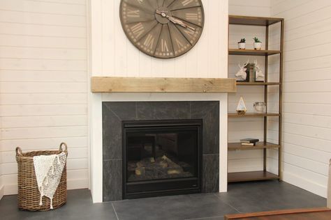 Dark Grey Tile Fireplace, Gray Tile Fireplace, Dark Tile Fireplace, Marble Tile Fireplace, Dark Fireplace, Fireplace Dark, Fireplace Tile Ideas, Dark Grey Marble, Fireplace Floor