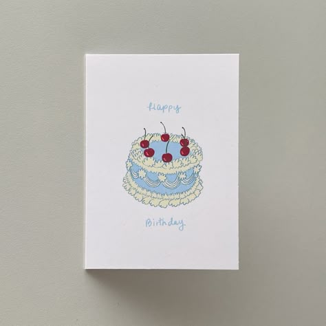 Vintage Blue Cherry Cake Happy Birthday Card | Greeting Card sizes available 3.5x5" or 5x7"  Each card comes with a white envelope. Homemade Birthday Card Boyfriend, Line Art Birthday Card, Cute Birthday Card Designs, 25 Birthday Card Ideas, Cute Bday Cards, Homemade Cards Birthday, Drawn Birthday Cards, Bday Card Ideas, Birthday Watercolor Card