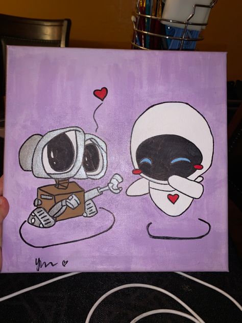 Wall E And Eve Painting Easy, Walle And Eve Painting Easy, Disney Couples Paintings, Walle And Eve Painting, Wall E And Eve Painting, Wall E Painting Canvas, Matching Couple Paintings, Painting Ideas To Give To Boyfriend, Walle Painting