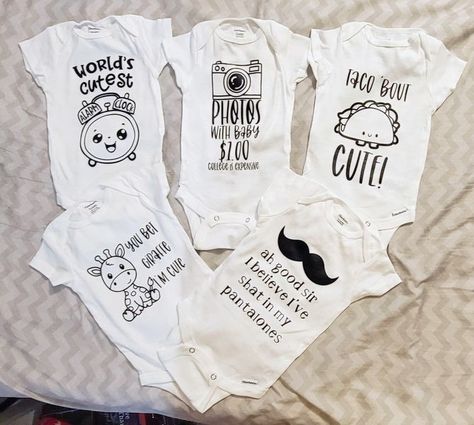 Cricut Crafts for Beginners & Free SVG Sharing | Made some onesies for a friend's baby shower | Facebook Baby Shower Cricut Ideas, Cricut Onesie, Baby Shower Cricut, Crafts For Beginners, Mini Boo, Cute Clock, Baby Planning, Cricut Explore Air 2, Cricut Explore Air