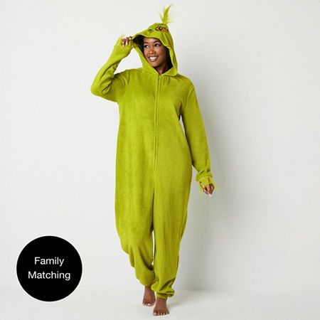 Channel the Grinch in epic style this holiday season wearing this adult unisex one-piece pajama. Made from soft fleece for a relaxed-fit, this hooded Grinch onesie has embroidered detail on the hood and feathered arm cuffs, plus a full zip closure. # Pieces In Set: 1 PairFeatures: Banded BottomCharacter: Grinch, Dr. SeussClosure Type: ZipperNeckline: Hooded NeckSleeve Length: Long SleeveSleeve Style: Cuffed SleeveApparel Length: 61.75 InchesFiber Content: 100% PolyesterFabric Description: Fleece Cute Grinch Costume, Grinch Onesie, Grinch Costumes, Grinch Pajamas, Dr Seuss Grinch, One Piece Man, Arm Cuffs, Christmas Parade, One Piece Pajamas