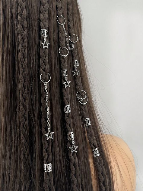 32pcs Star Dreadlock Hair Braids Cuffs And Braid Decorations Hair Accessories Loc Hair Jewelry For Braids For Women Silver Rock,Boho   Zinc Alloy Geometric,Plain    Women Accessories, size features are:Bust: ,Length: ,Sleeve Length: Braids With Rings In Them, Loc Jewelry Hairstyles, Braid Decorations, Loc Hair Jewelry, Jewelry For Braids, Braids For Women, Hair Jewelry For Braids, Emo Accessories, Dreadlock Hair