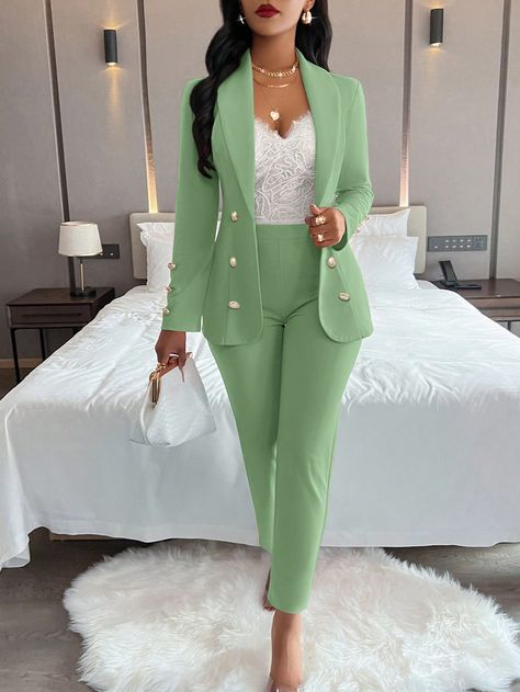 2pcs Women's Solid Color Minimalist Casual Long Sleeve Jacket And Pants Suit Bean Green Elegant    Plain  Medium Stretch  Women Clothing, size features are:Bust: ,Length: ,Sleeve Length: Church Fits, Boutique Pants, Jumpsuit And Blazer, Fashion Skirts, Work Dresses For Women, Clothes Girl, Traje Casual, Blazer Set, Long Sleeve Jacket