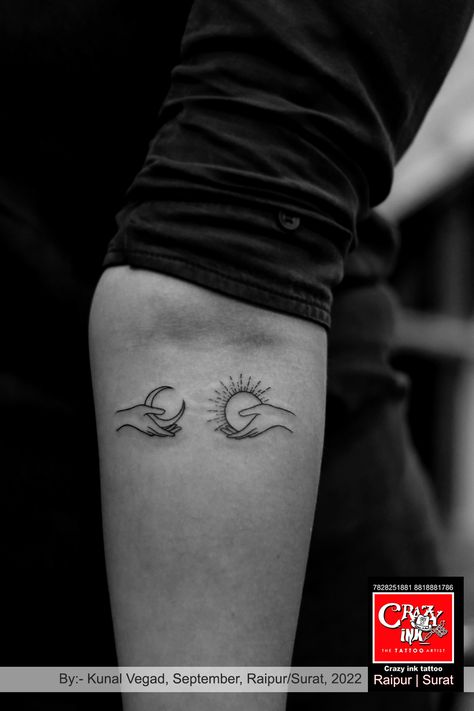 minimal sun and moon tattoo on forearm. minimal sun and moon tattoo are one of the rising trends of recent years. sun and moon tattoo design looks cute and stylish, we can say that it is suitable for forearm. sun and moon tattoo style is fine line and incredibly popular. forearm are good placement alternatives for sun and moon tattoo design. Rising Sun And Moon Tattoo, Sun And Moon Tattoo Design, Moon Tattoo Design, Twin Tattoos, Sun And Moon Tattoo, Tattoo On Forearm, Moon Tattoos, Moon Tattoo Designs, Fire Tattoo