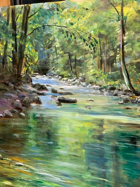 River Bank Painting, Forest River Painting, River Painting Ideas, River Oil Painting, How To Paint A River, River Landscape Painting, Forests Paintings, River Painting Easy, River Acrylic Painting