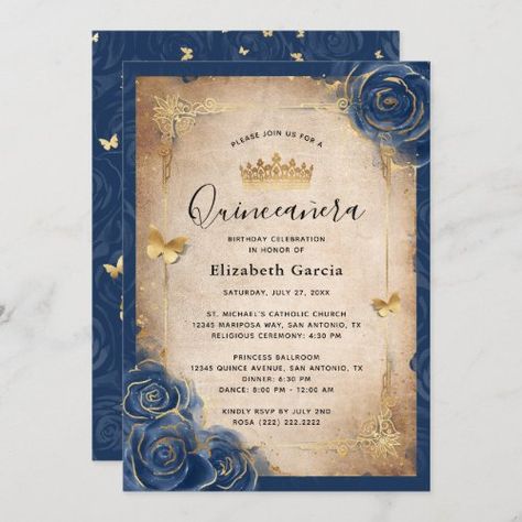 Navy Blue and Gold Royal Rose Elegant Quinceanera #navybluegoldquinceanerainvitations #elegantmisquinceanosfloral #vintagecreamivoryparchmentpaper #watercolorrosesflowersroyalcrown #quinceanerabirthdayparty15diy #handletteredcalligraphyscriptblack #butterflytiarachampagneconfetti16 #midnightprincesssweetsixteenmexican #rusticdarkglitterrosebutterflies #flowerrsvptemplatebotanicalwhite Gold Quinceanera Invitations, Blue Gold Quinceanera, Royal Blue Quinceanera, Invitations Quinceanera, Quince Invitations, Blue Quince, Floral Tiara, Quinceanera Invitation, Quinceanera Ideas