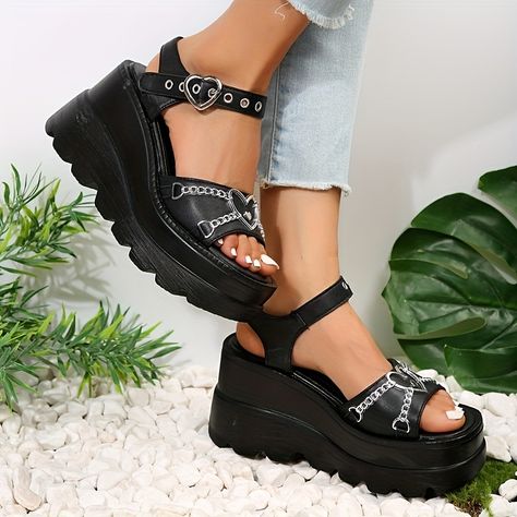 Faster shipping. Better service Goth Platforms, Chain Decor, Fashion Shoes Sandals, Sandal Platform, Strap Sandals Women, Ankle Strap Wedges, Heart Chain, Black Sandals Heels, Strap Shoes