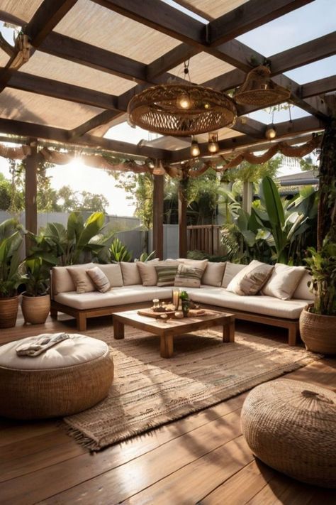 Chic small patio with woven furniture and decorative elements. Ideas For Small Patios, Small Patios, Outdoor Decor Ideas, Rattan Patio Furniture, Mini Pool, Cozy Backyard, Small Patio, Fire Pits, Tropical Plants