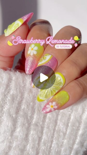 Jeanette Flores on Instagram: "🚨Summer nail trend alert🚨
3D fruit nails!! 🍋🍓🍋🍓🍋🍓 

Save & Share this delicious strawberry lemonade tutorial for your next summer set!💅🏽

What fruit should I try next? 🍇🍒🍉🍍🥝

Using @dndgel (code: JEN25)
•012 Dollhouse 
•Perfect White 156
•016 Limoncello Bling
•Mimosa 203
•Nail Art Liner Brush 11
•Top Gel No Cleanse 600 
•Rhinestone Adhesive | Clear 3D Gel

#dndgelpolish #dndgel #summernails #3dnailart #fruitnails #strawberrylemonade #lemonnails #chromenails #easynails #diynails #nailtutorials #nailvideos #easynaildesigns #ombrenails #strawberrynails #neonnails #summer2024 #glazednails #summerinspo" Pink Lemonade Nail Designs, Strawberry Lemonade Nails, Fruit Nails Design, Pink Lemonade Nails, Nail Polish Art Designs, Fruit Nail Designs, Berry Nails, Fruit Nails, Lemon Nails