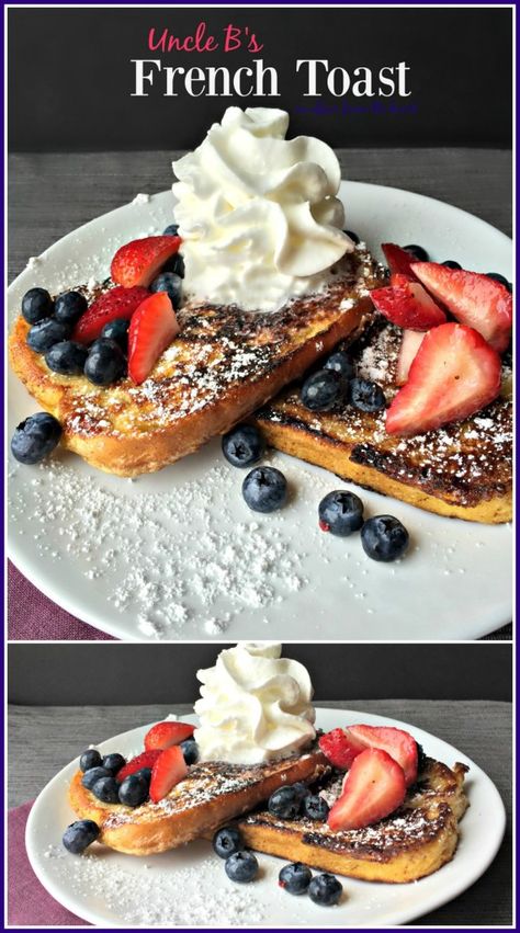 Uncle B's French Toast - An Affair from the Heart - Dusted lightly with powdered sugar and topped with fresh berries and whipped cream, this French toast is always perfect, never soggy. It's legendary. French Toast With Cream Cheese Filling, Cream Cheese For French Toast, Sweet Cream French Toast, French Toast With Heavy Cream, Strawberries And Cream French Toast, Awesome French Toast Recipe, French Toast Ingredients, Best French Toast, Italian Sandwich