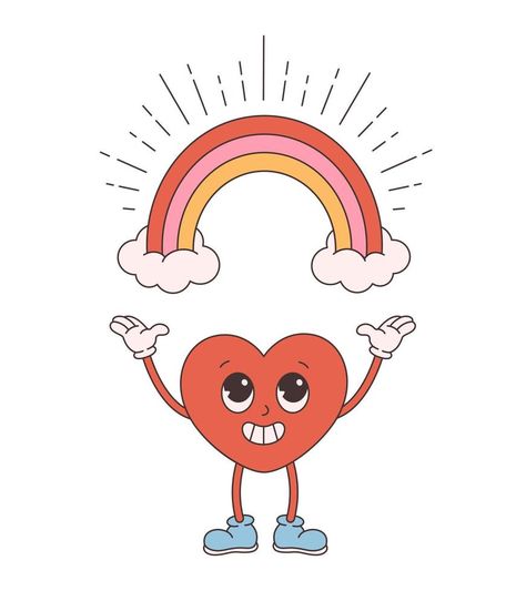 Trendy retro cartoon heart character with rainbow. Groovy style, vintage, 70s 60s aesthetics. Valentines day Valentines Aesthetics, Heart Character, Heart Retro, Cartoon Heart, Heart Emoji, Retro Cartoon, Brand Communication, Retro Cartoons, Art References