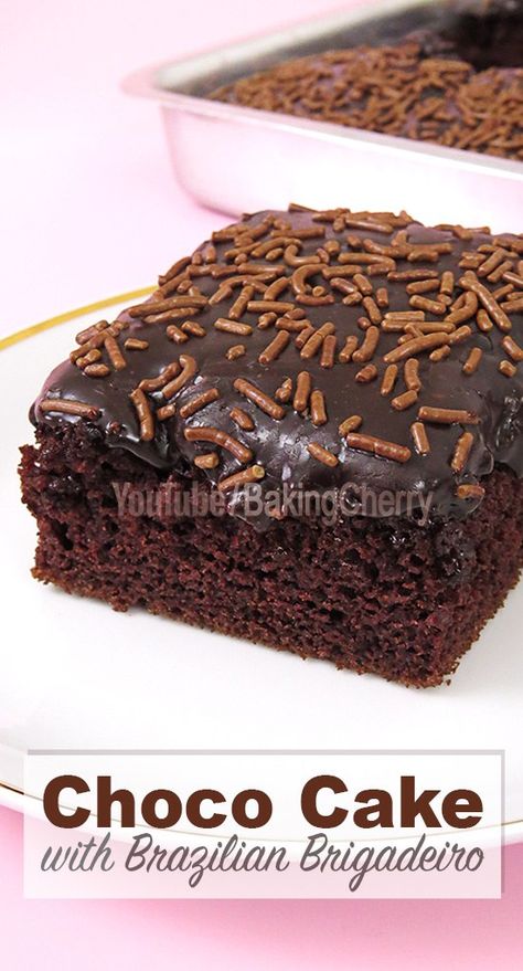 Chocolate sheet cake with Brazilian brigadeiro frosting. An easy-to-make, fluffy, and moist chocolate cake topped with a sticky and delicious chocolate frosting. Just the perfect dessert to indulge your sweet tooth! Chocolate Brigadeiro Cake, Brigadeiro Cake Recipe, Brazilian Chocolate Cake, Brazilian Brigadeiro, Brigadeiro Cake, Brazilian Chocolate, Brazilian Desserts, Chocolate Sheet Cake, Sheet Cakes