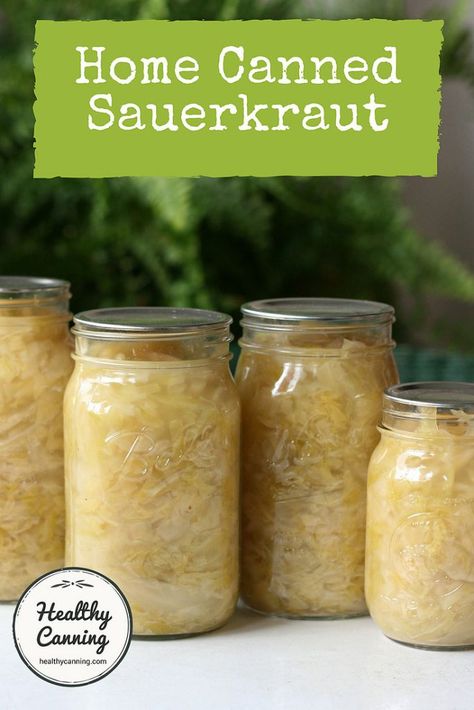 Canned Sauerkraut, Canning Sauerkraut, Healthy Canning, Making Sauerkraut, Homemade Sauerkraut, Canning Pickles, Home Canning Recipes, Canning Vegetables, Canning Food Preservation