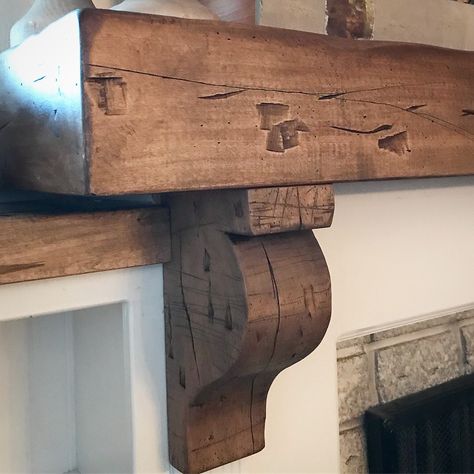 Mantel Corbels Fireplace, Diy Mantle With Corbels, Mantle Corbels Fireplace, Rustic Wood Fireplace Mantle, Fireplace With Corbels, Hollow Mantle, Mantle Corbels, Mantel Redo, Fireplace Corbels