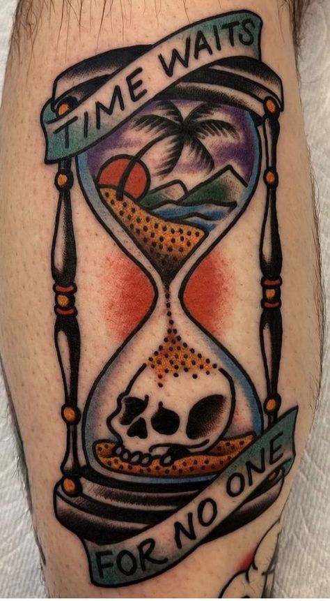 American Traditional Hour Glass Tattoo, Knee Tattoo Traditional Old School, Old School Hourglass Tattoo, American Traditional Clock Tattoo, Hour Glass Tattoo Traditional, American Traditional Hourglass Tattoo, Skull American Traditional Tattoo, Traditional Hourglass Tattoo, American Traditional Skull